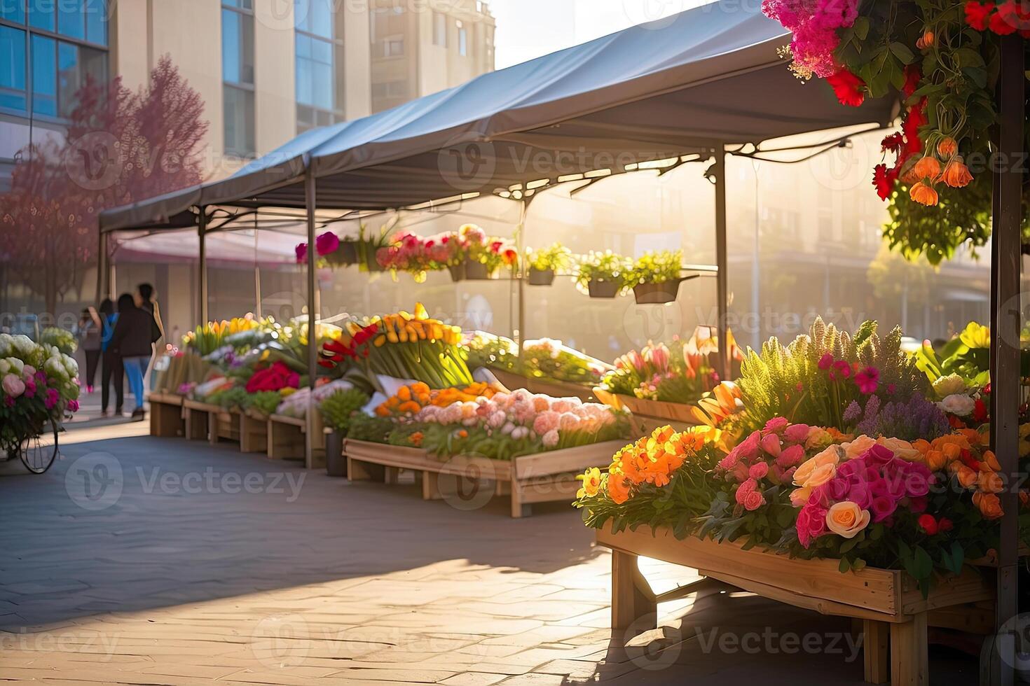 ai generado flor mercado en el soleado calle de el ciudad - En Vivo cortar ramos de flores son vendido en al aire libre establos. ai generado foto