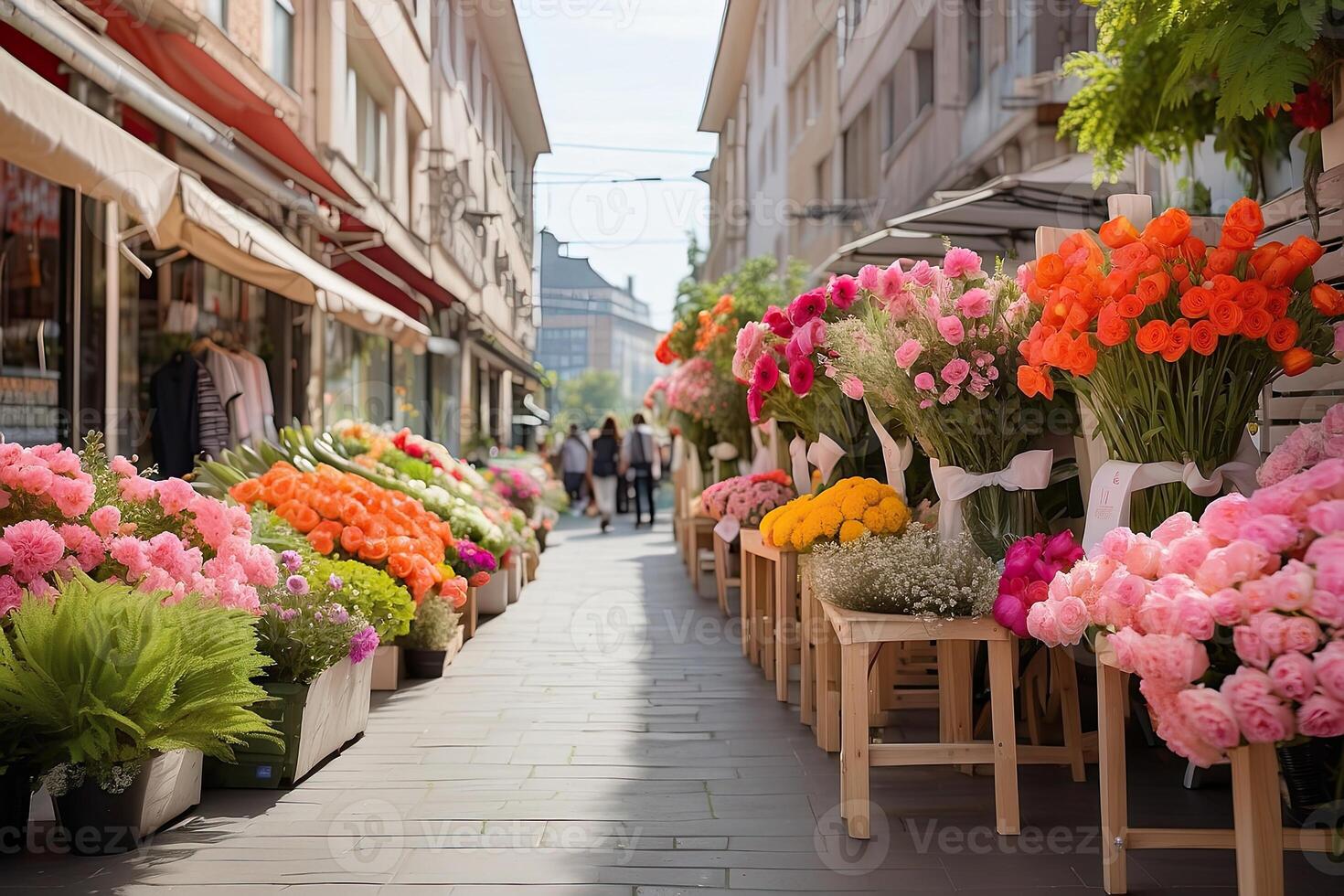 ai generado flor mercado en el soleado calle de el ciudad - En Vivo cortar ramos de flores son vendido en al aire libre establos. ai generado foto