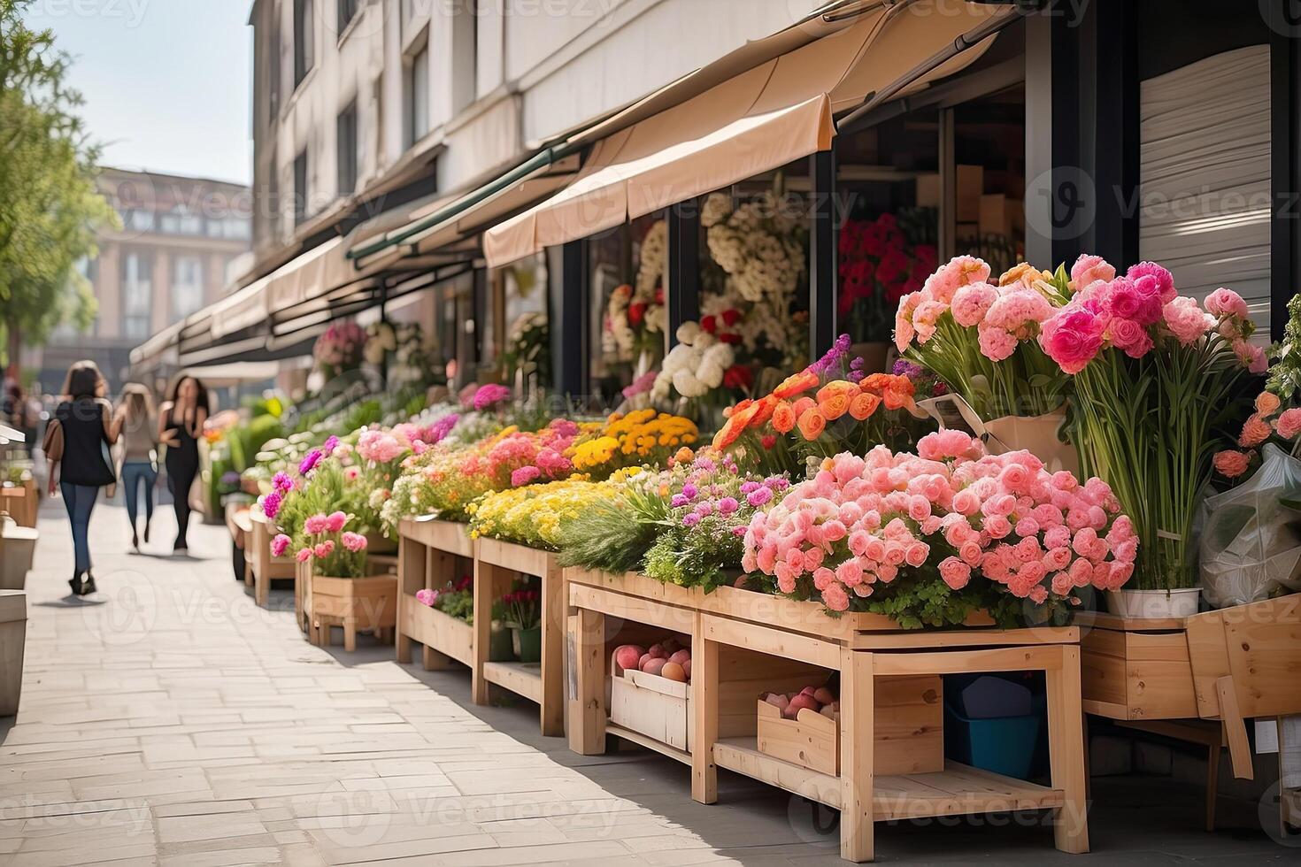 AI generated Flower market on the sunny street of the city - live cut bouquets are sold on outdoor stalls. AI generated photo