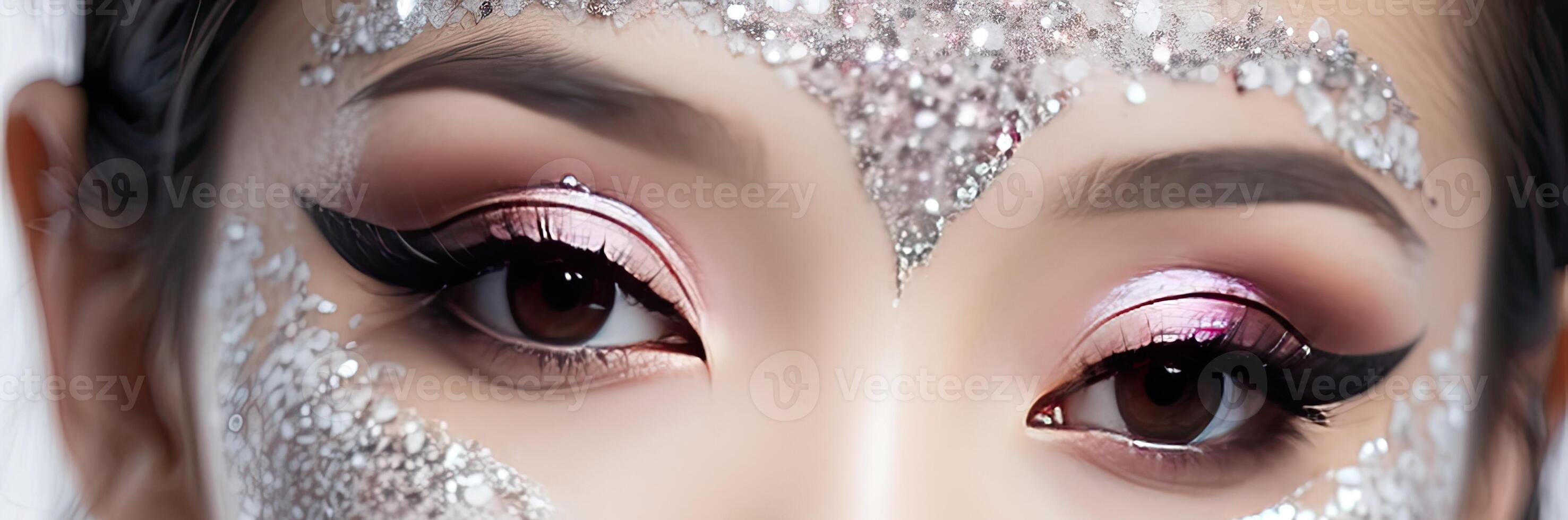 AI generated closeup beautiful woman with creative makeup with glitter, festive makeup for a party, new year, disco, holiday photo