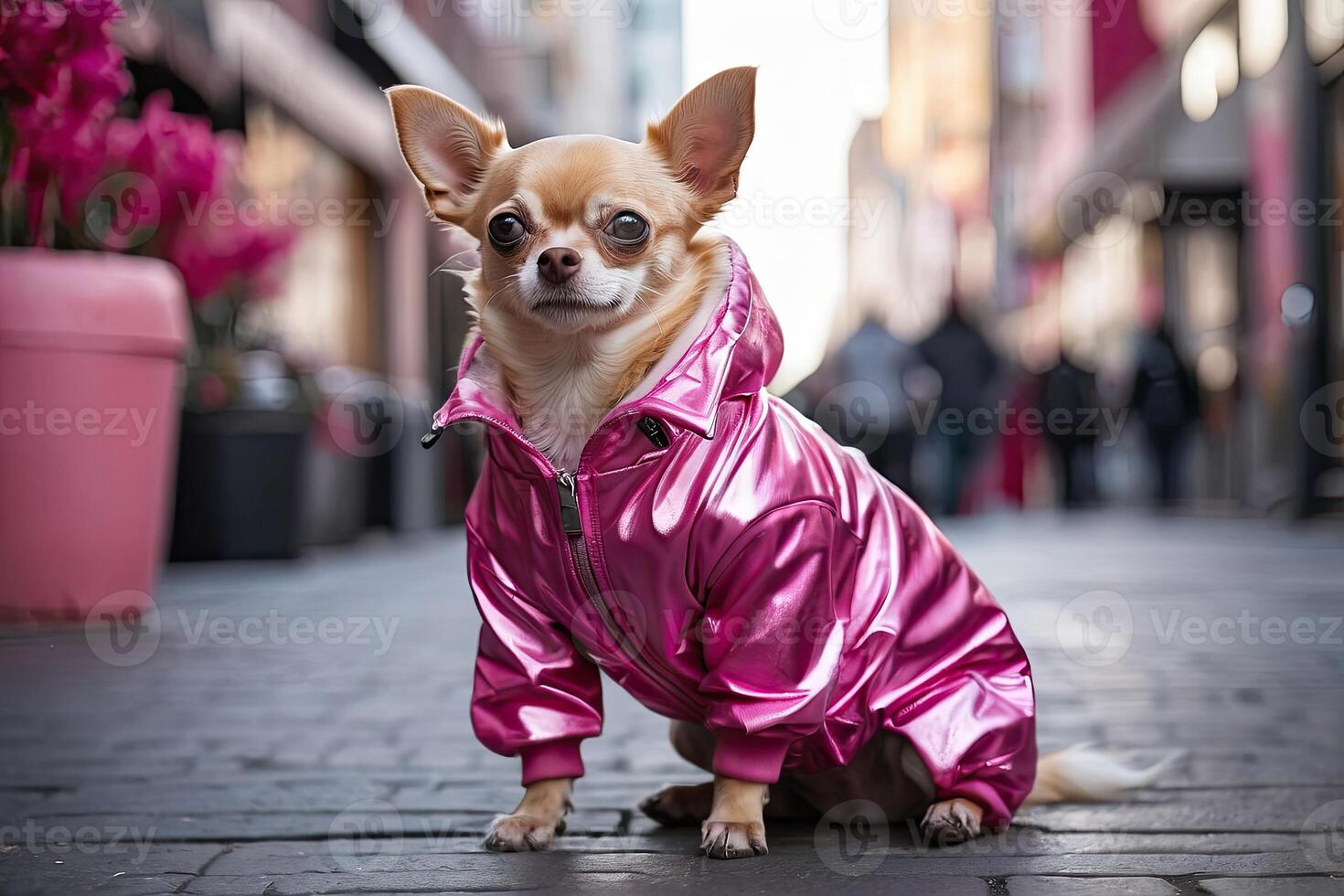 AI generated A chihuahua female dog in a pink shiny glamorous jacket on a city street. Dog fashion, animal clothing. AI generated photo