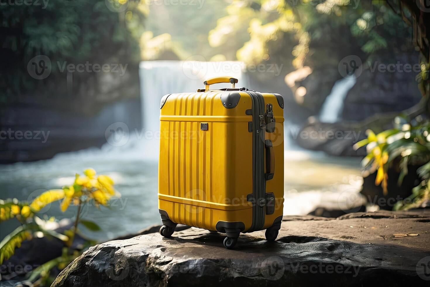 AI generated A yellow suitcase on the background of a waterfall in the rainforest. Travel, trekking tour to wild, exotic places, tourism, outdoor activities. AI generated photo