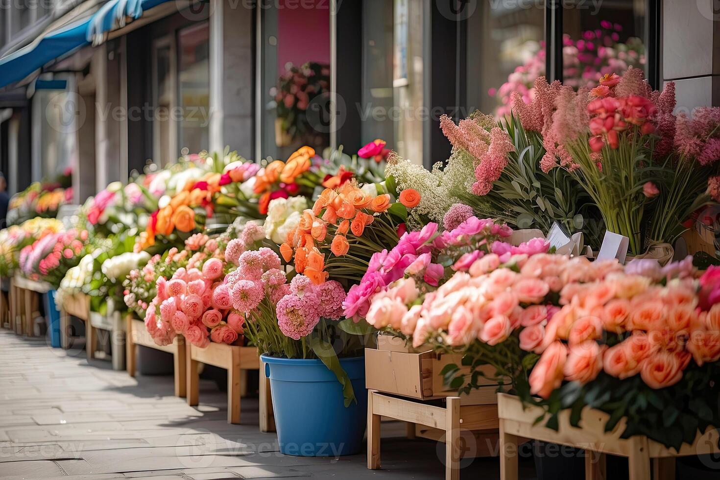 ai generado flor mercado en el soleado calle de el ciudad - En Vivo cortar ramos de flores son vendido en al aire libre establos. ai generado foto