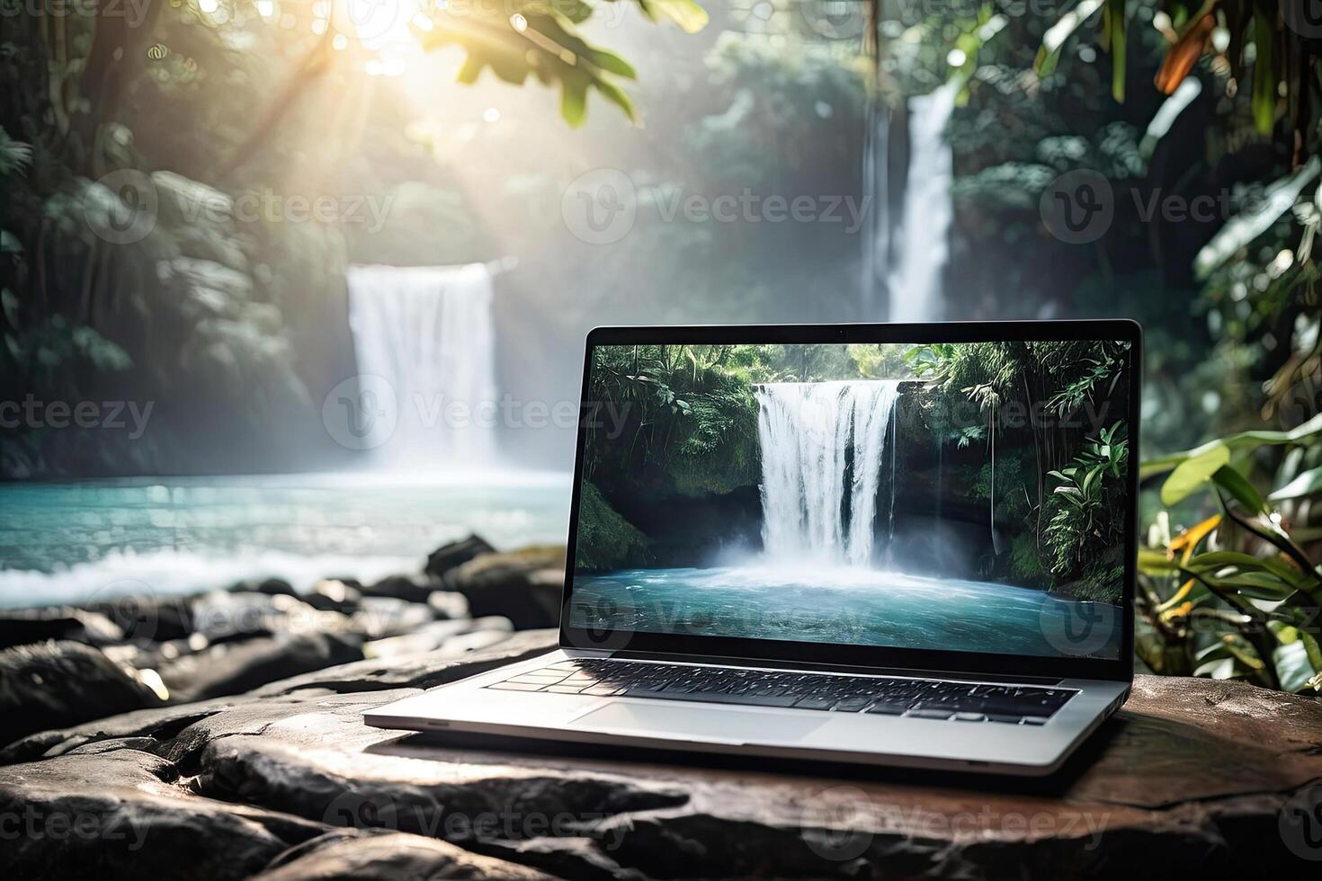 AI generated Laptop with waterfall in the tropical jungle wallpaper on table on a mountain lake in the rocks with waterfall. Remote work on vacation and travel, home office, internet, tours, trekking. photo