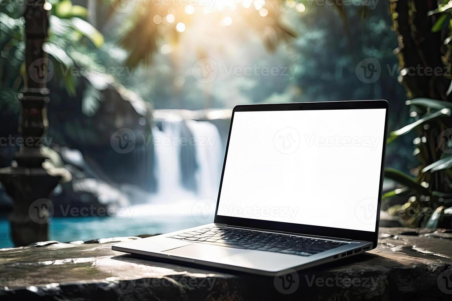 AI generated Laptop with blank white screen mock up on mountain lake in the rocks with waterfall in the tropical jungle. Remote work on vacation and travel, home office, internet, tours, trekking photo