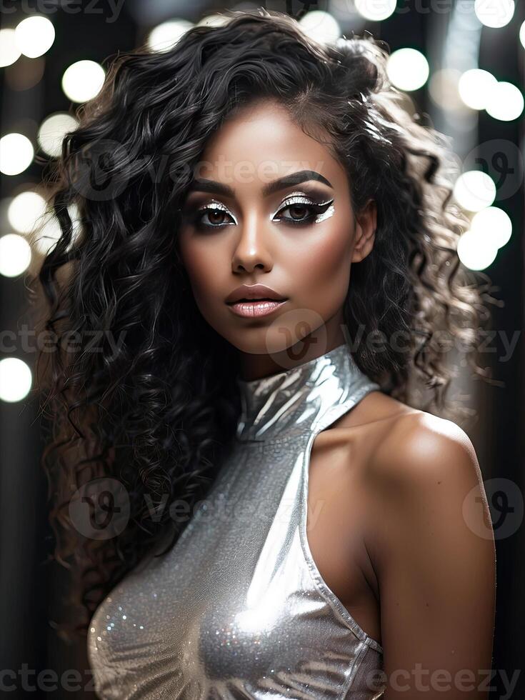 AI generated closeup beautiful darkskinned woman with creative makeup with glitter, festive makeup for a party, new year, disco, holiday. AI generated photo