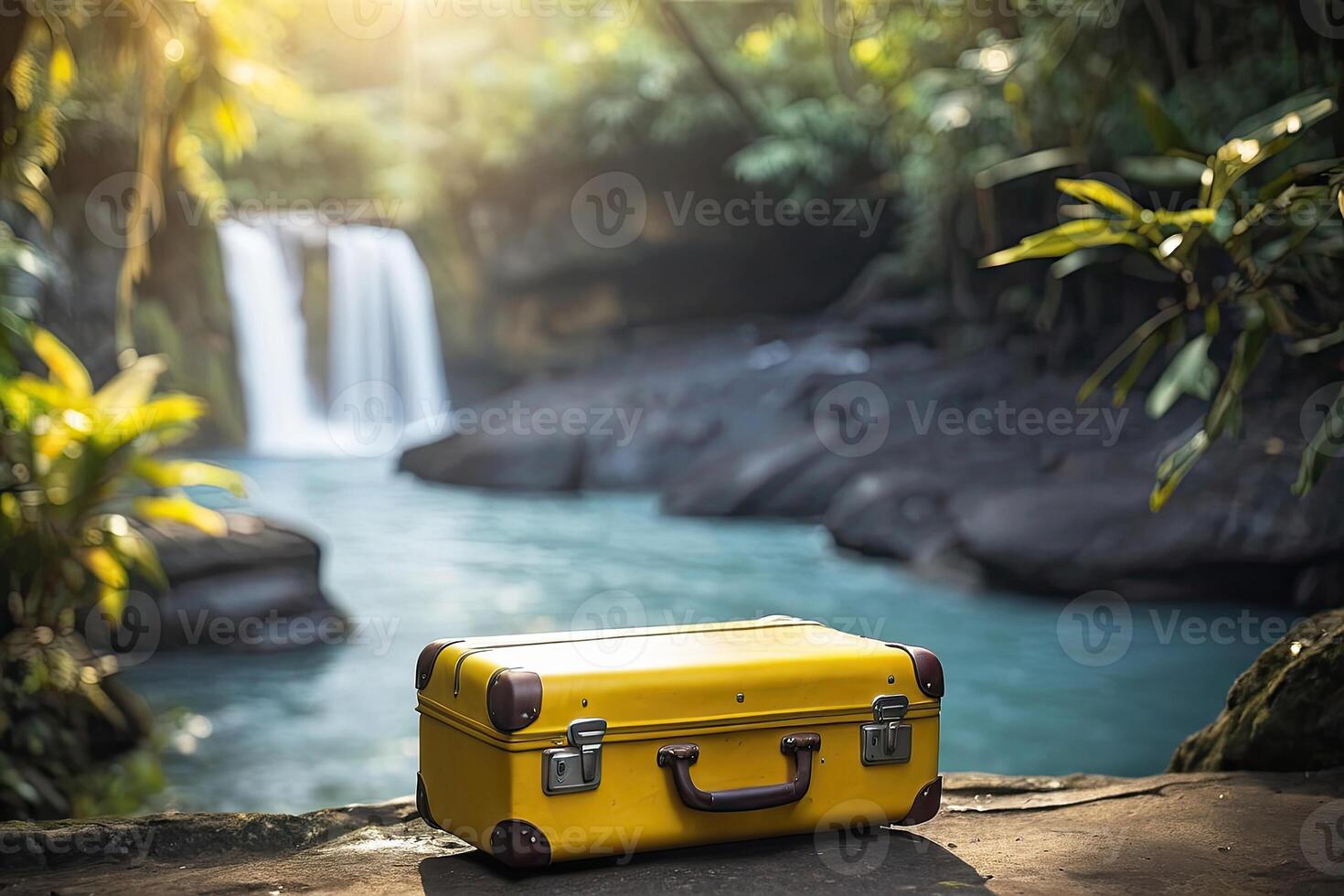 AI generated A yellow suitcase on the background of a waterfall in the rainforest. Travel, trekking tour to wild, exotic places, tourism, outdoor activities. AI generated photo