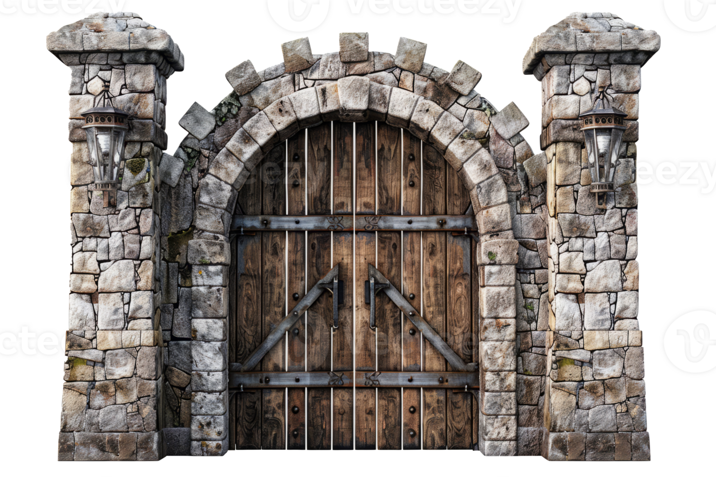 AI generated Medieval Stone Gate With Iron-Reinforced Wooden Doors Isolated png