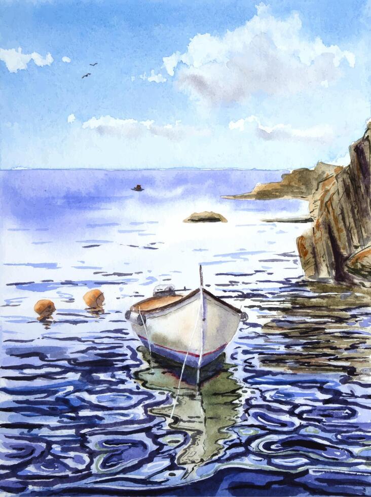 Hand painted watercolor marine landscape with the boat. Watercolor boat painting. Seascape painting. vector