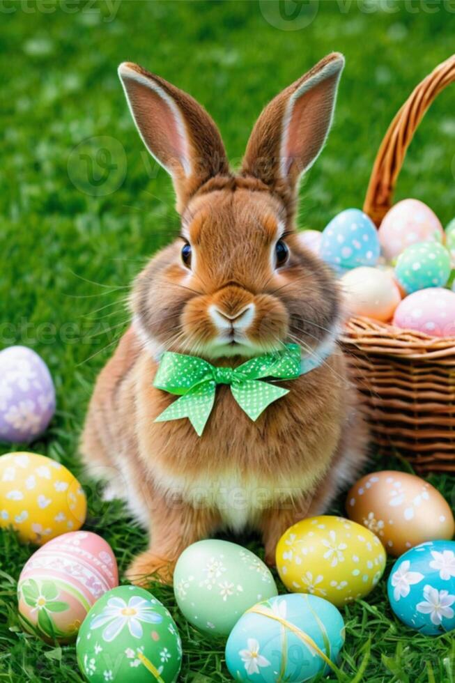 ai generado un muy linda mullido marrón Pascua de Resurrección conejito en un verde césped. foto