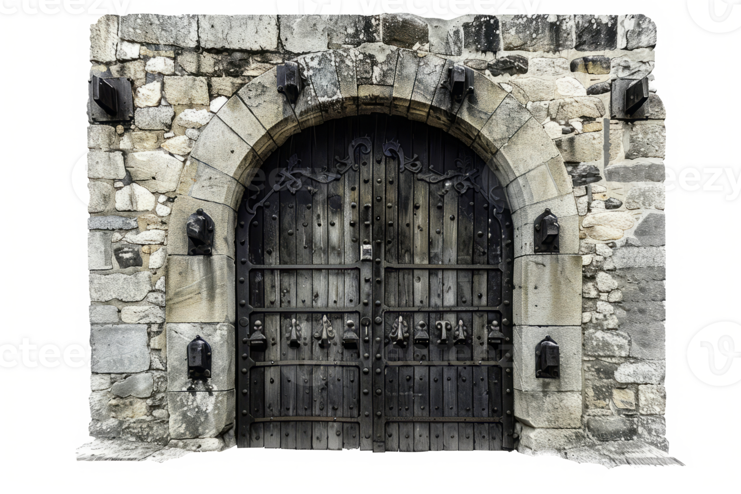 AI generated Medieval Stone Gate With Iron-Reinforced Wooden Doors Isolated png