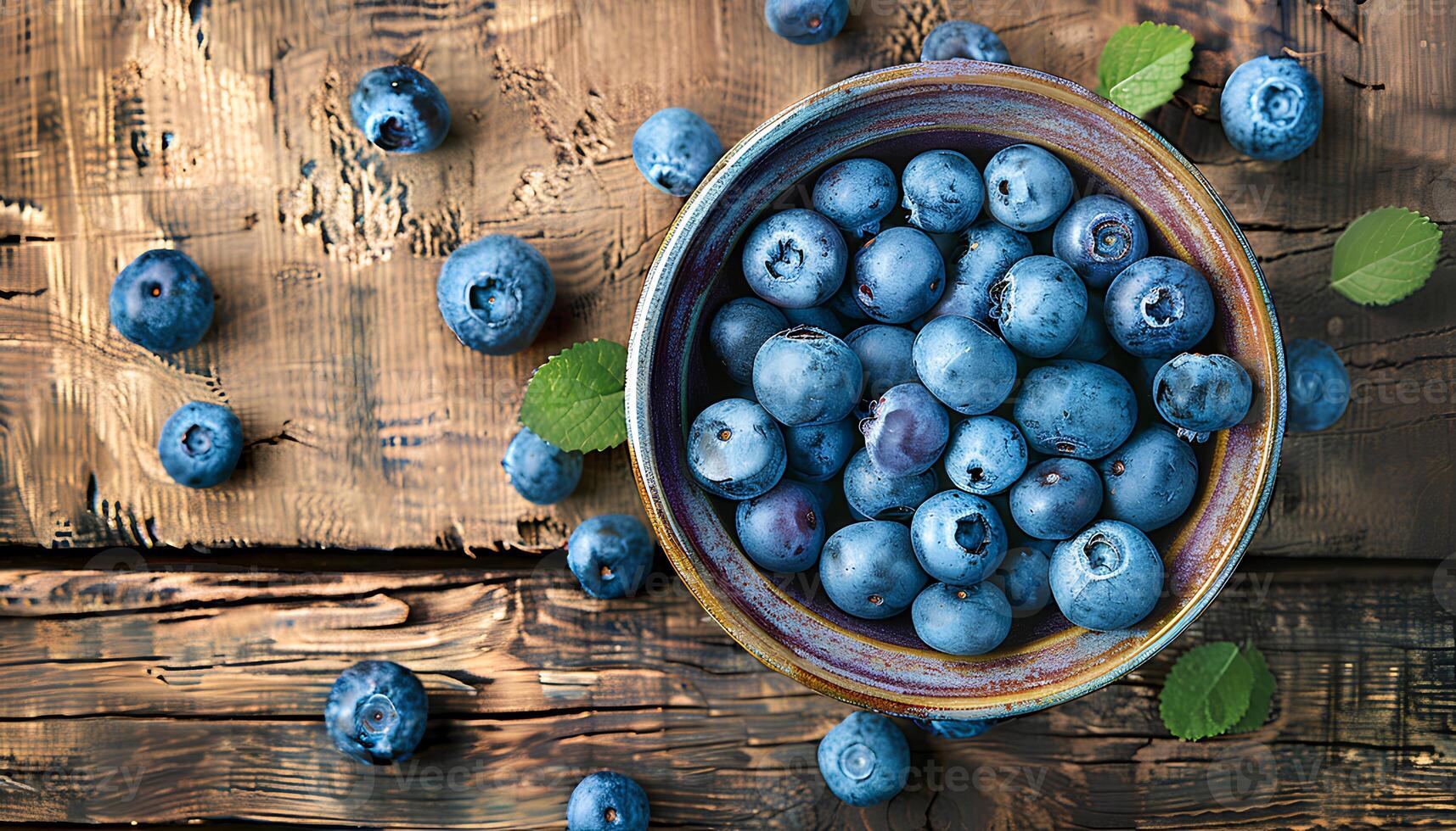 AI generated Blueberries in a bowl on a wooden table top view. Blueberry harvest. Fresh and ripe blueberries freshly picked bird's eye view photo
