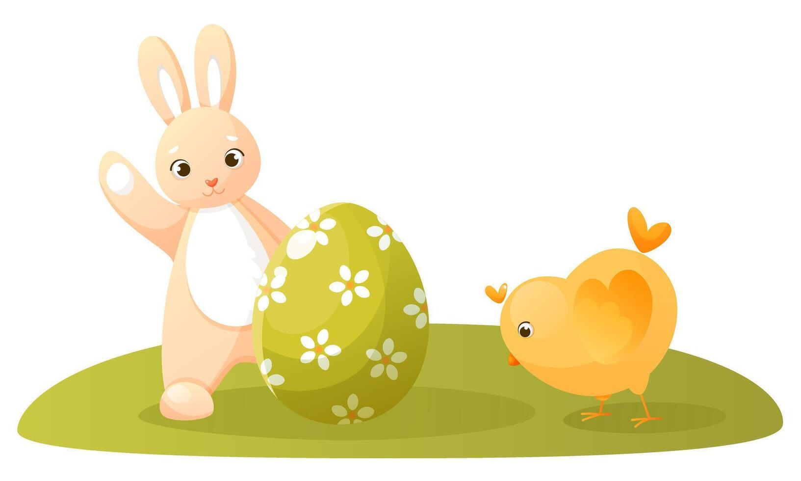 Easter bunny, chicken, and painted Easter egg. A cute pink rabbit waves its paw behind an Easter egg, a yellow chicken pecks at grass. Cute characters for Easter card or children's book vector