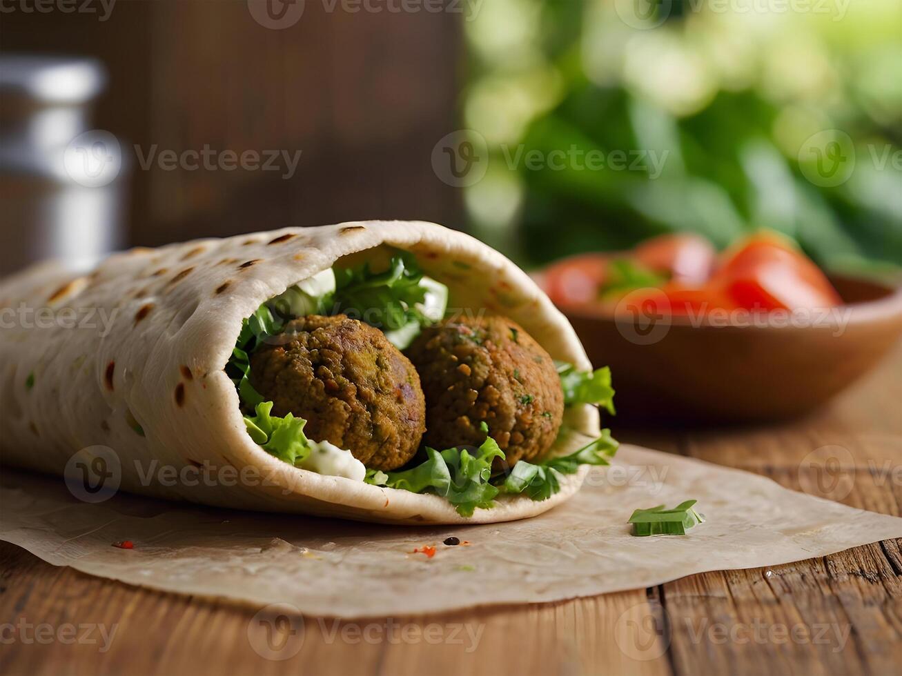 AI generated Falafel and fresh vegetables in pita bread on wooden table photo