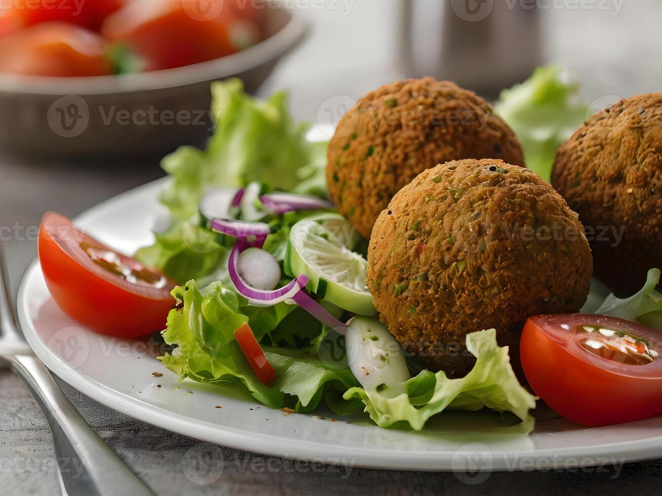 AI generated Falafel balls and fresh vegetables on the plate, wooden background. photo