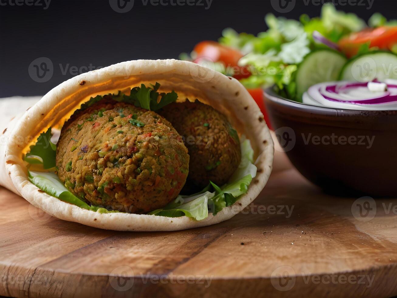 AI generated Falafel and fresh vegetables in pita bread on wooden table photo
