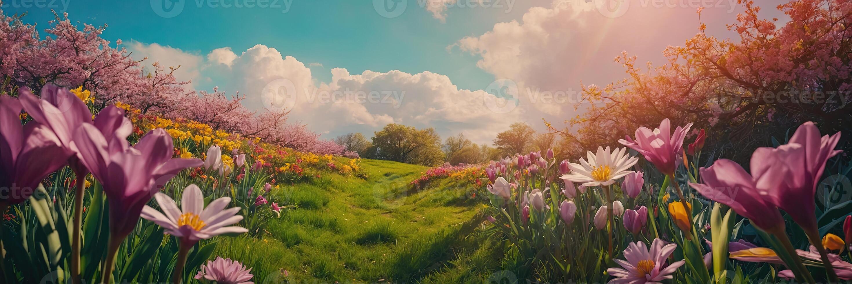 AI generated Blooming spring background - apple trees in the garden in flowers, the first spring flowers, nature blooms. AI generated photo