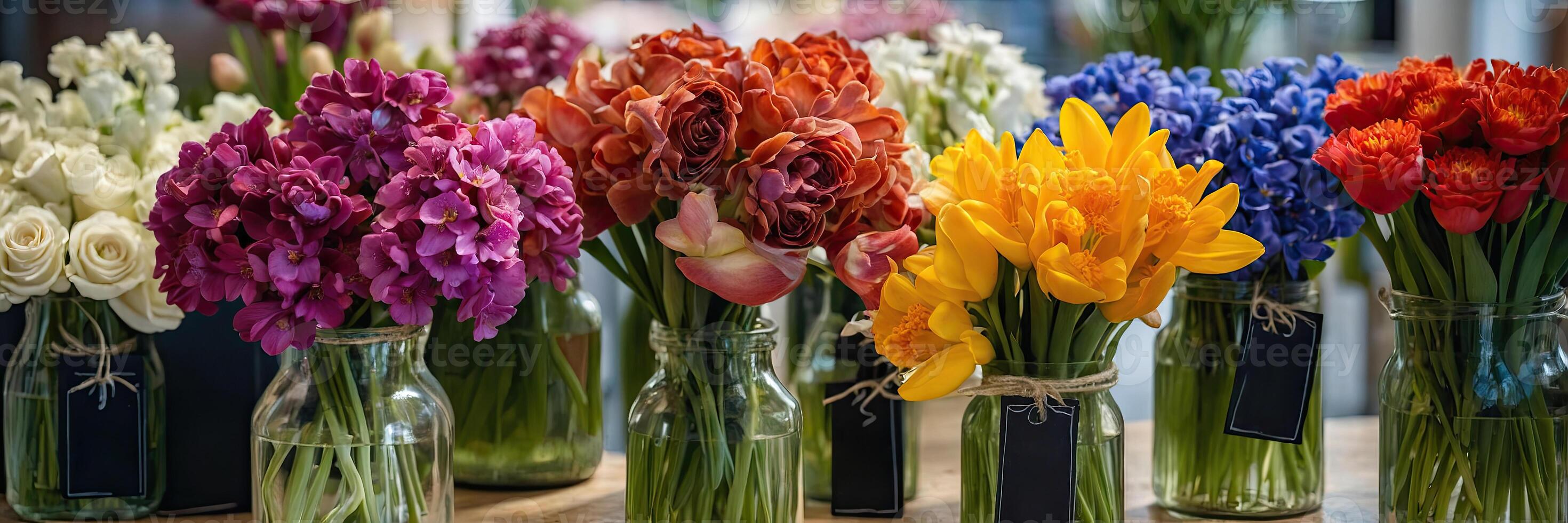 AI generated Multicolored spring flowers in a flower shop - fresh supply of cut flowers for spring holidays. Tulips, roses, peonies, crocuses, chrysanthemums, hydrangeas, hyacinth, eustoma. photo