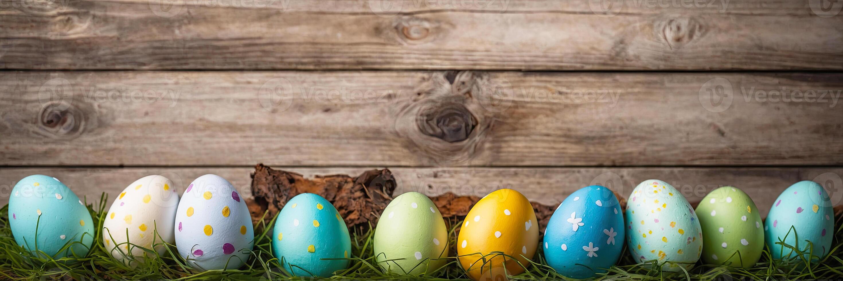 AI generated Multicolored Easter eggs on the table with spring flowers - Easter banner with a space for text. rustic Easter background photo