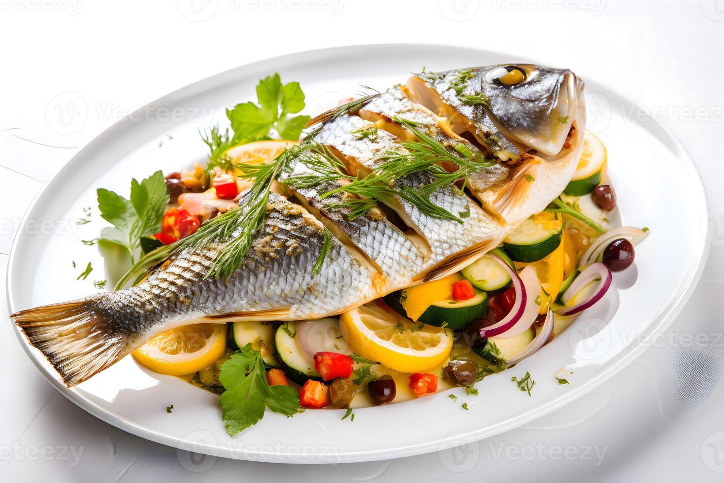 AI generated Cooked sea bass with vegetables on a white plate. Healthy balanced food, Mediterranean diet. photo