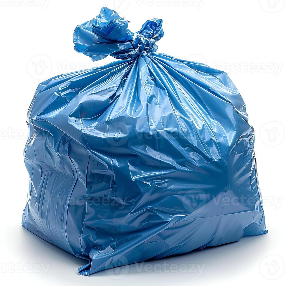 AI generated Blue plastic trash bag isolated on white background with shadow. Blue trash bag isolated. Recyclable garbage bag for waste and garbage photo