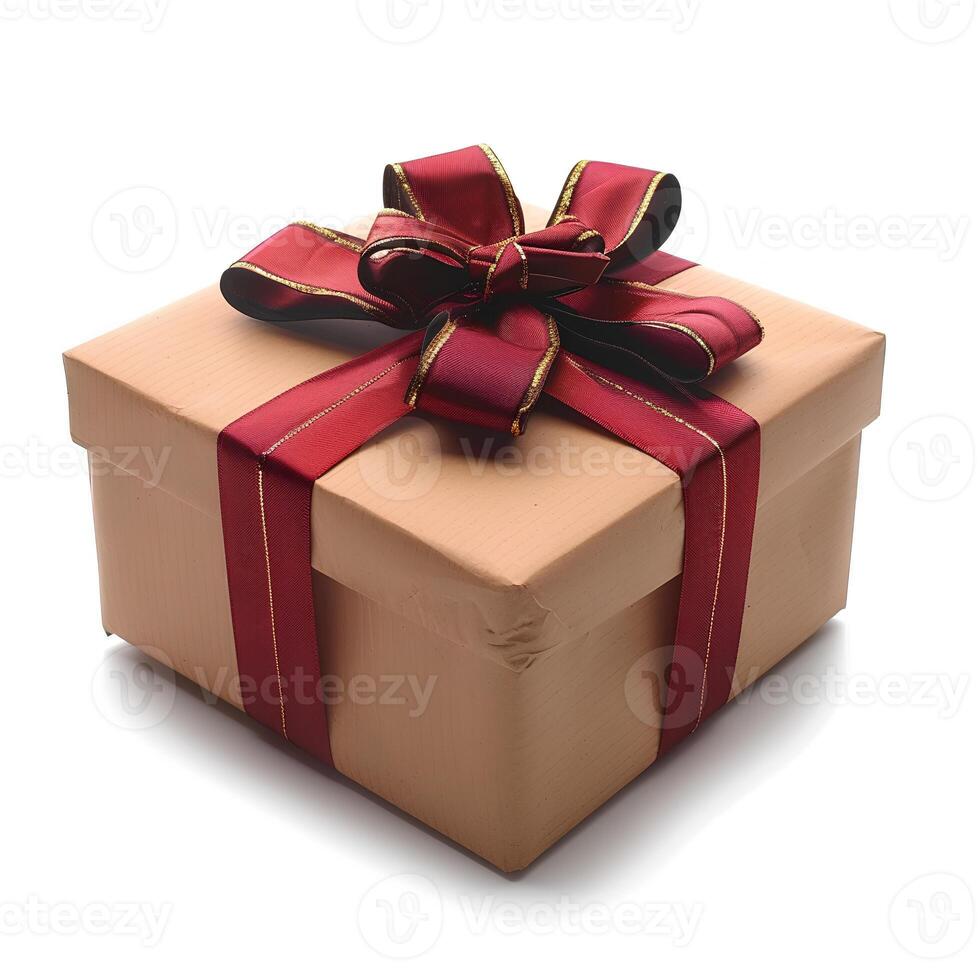 AI generated Gift box with ribbon isolated on white background with shadow. Present with a bow on top for birthday celebration and parties. Gift. Present isolated photo