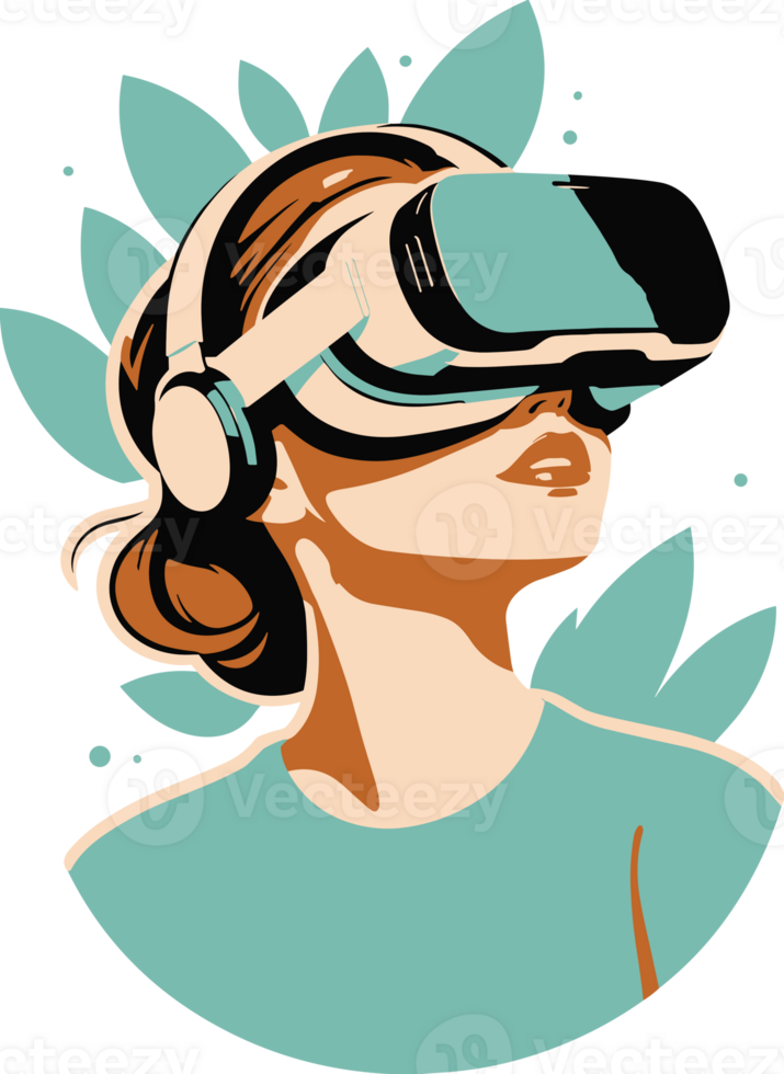 AI generated Green theme of isolated woman wearing Virtual Reality VR headset illustration on transparent background png, painting style virtual reality for nature exploration, futuristic technology png