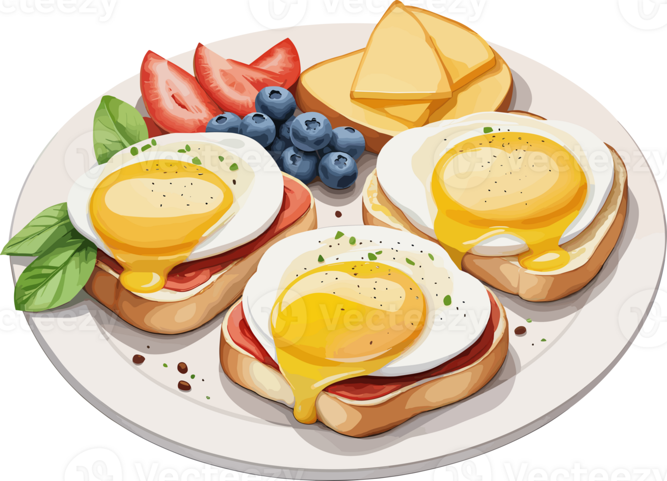AI generated Watercolor style of delicious egg benedict and fruit, isolated illustration on transparent background png, perfect design element for quick healthy breakfast idea, food and health png