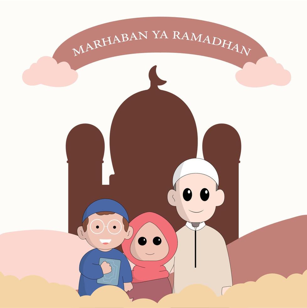 character cute ramadhan concept illustration happy muslim celebrate holy month ramadhan mosque sillhouette vector illustration