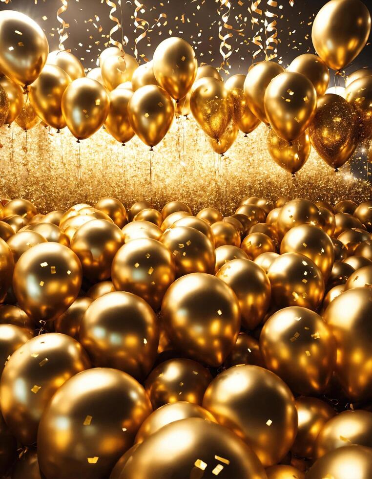 AI generated Celebration background with colorful balloons, confetti and golden ribbons. ai generative photo