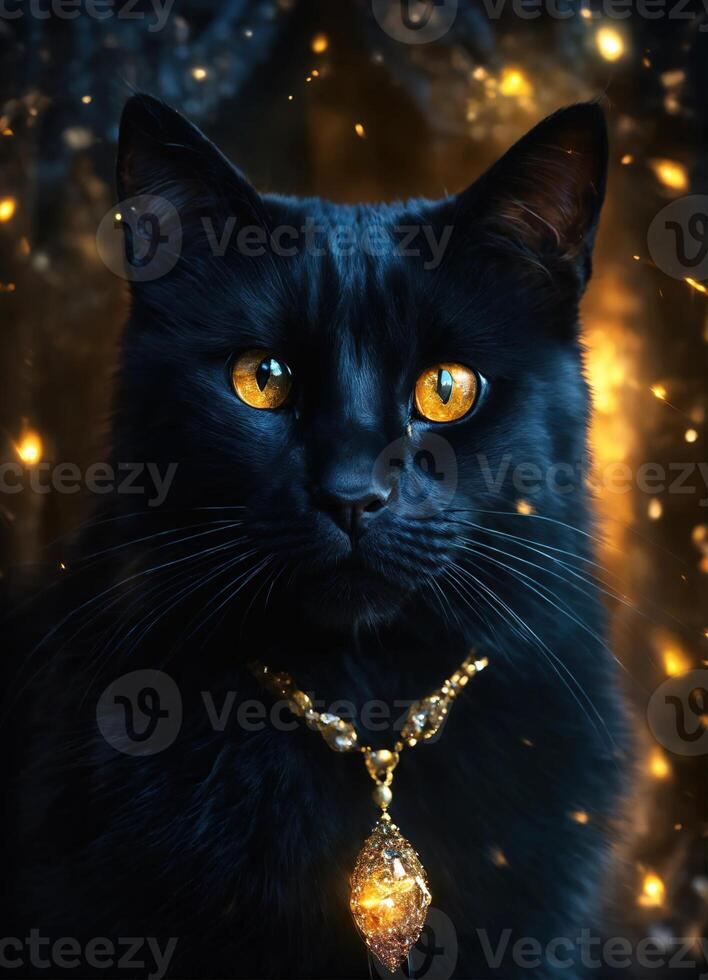 AI generated Portrait of a black cat with yellow eyes on a dark background. ai generative photo