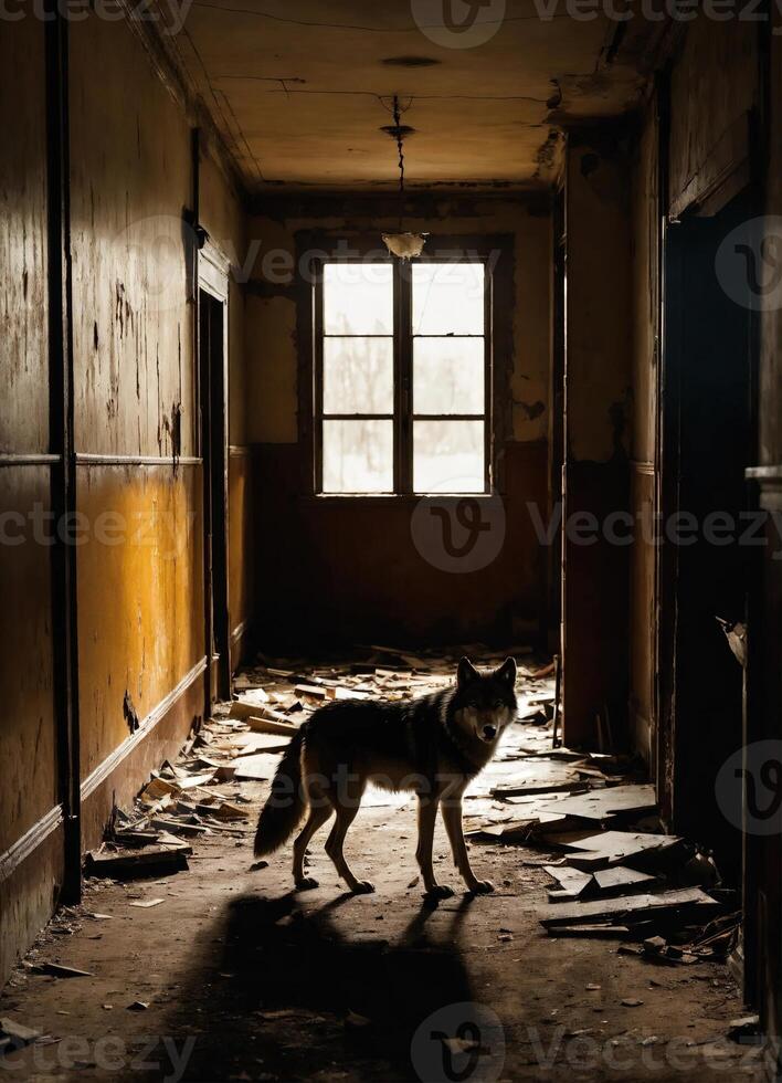 AI generated Portrait of a wolf in a dark corridor at night. ai generative photo