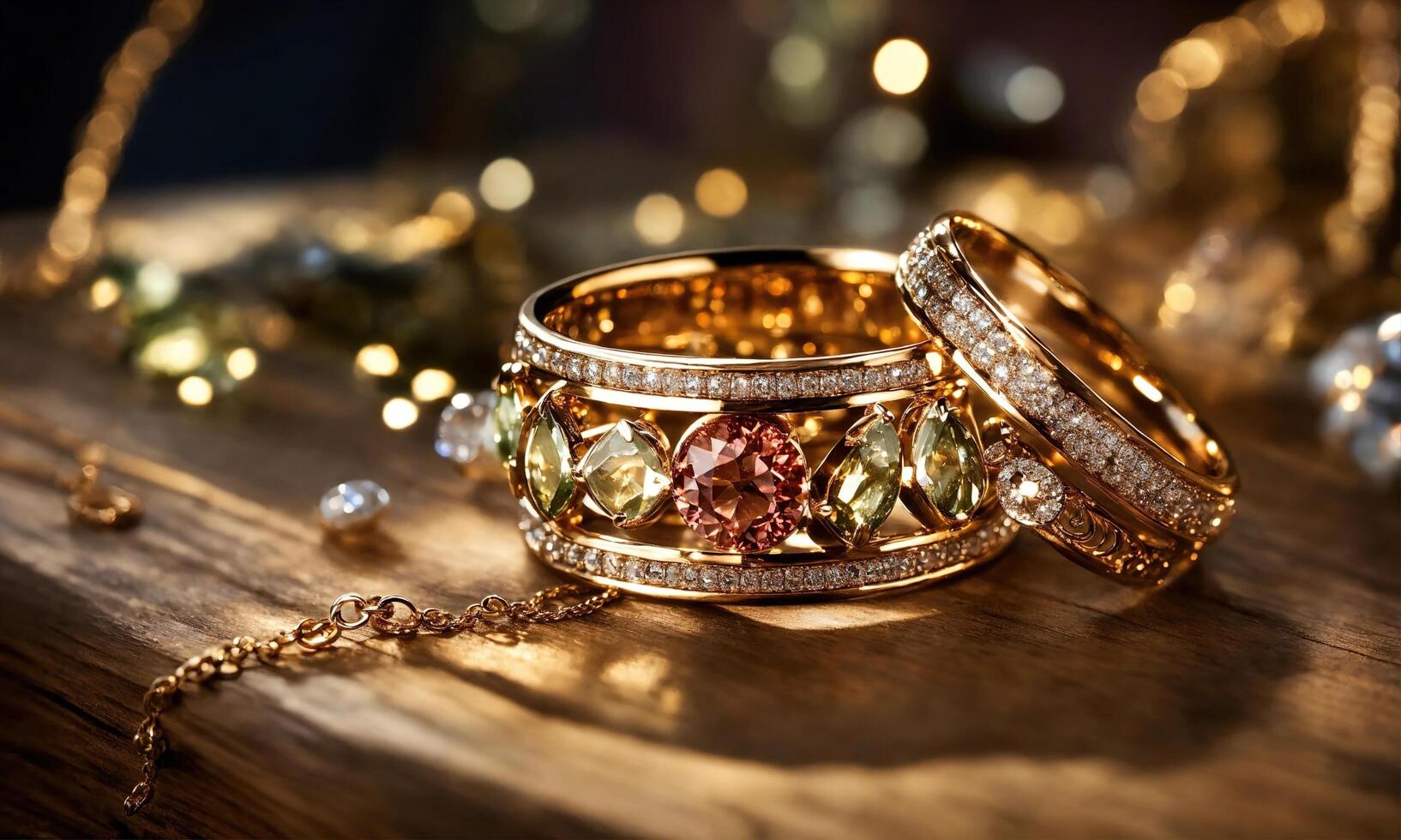 AI generated jewelry diamond ring on wooden table with bokeh background. ai generative photo