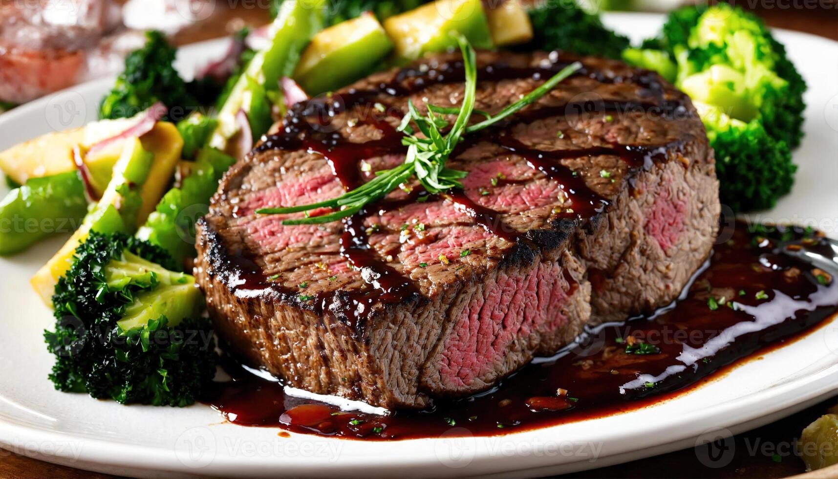 AI generated Beef steaks with asparagus and balsamic vinegar. ai generative photo