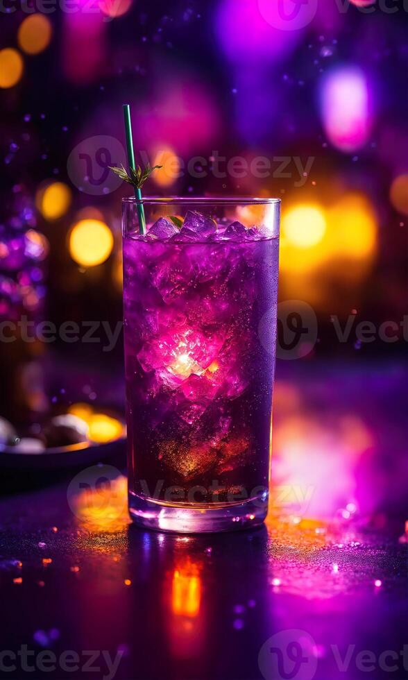 AI generated Purple cocktail with ice on a wooden table. Selective focus. ai generative photo