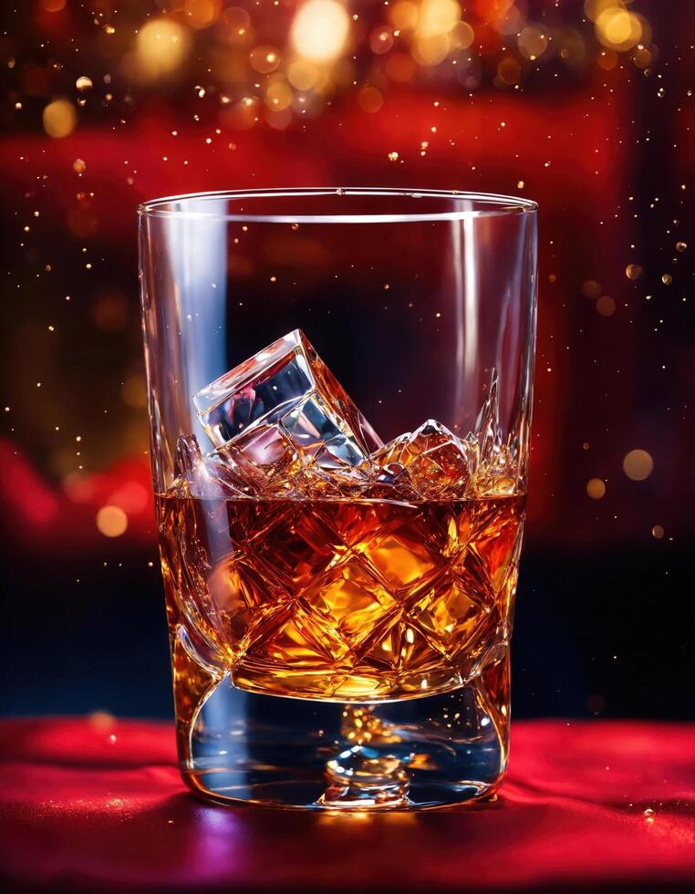 AI generated a glass of whiskey with ice and splashes. Golden sparkles background. ai generative photo