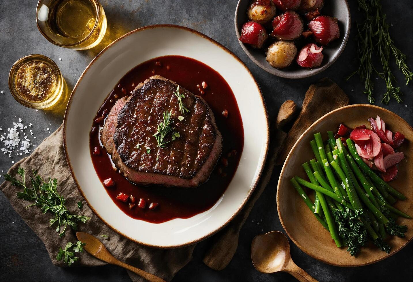 AI generated Beef steaks with asparagus and balsamic vinegar. ai generative photo