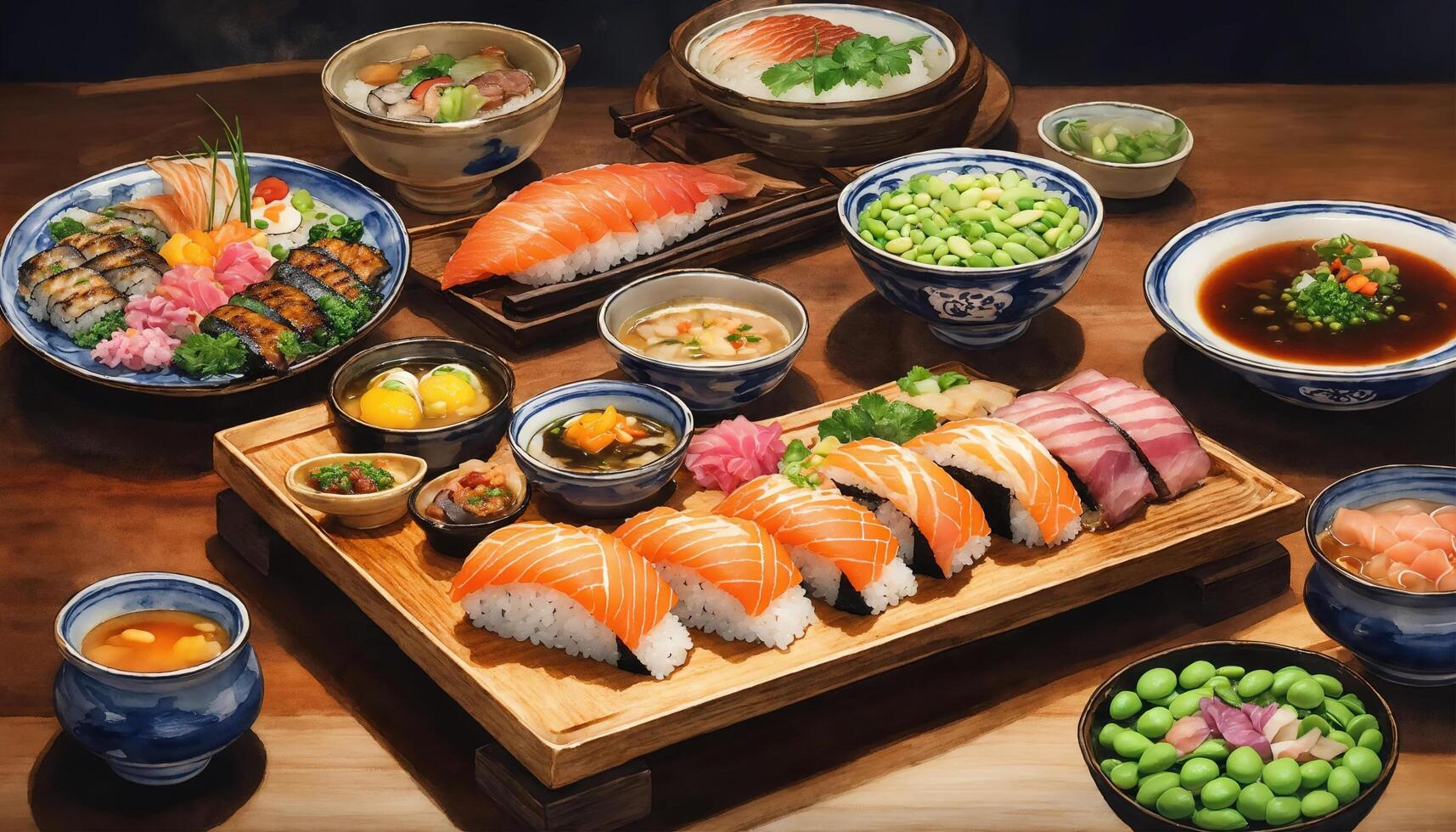 AI generated Sushi rolls with wasabi and soy sauce on a plate. ai generative photo