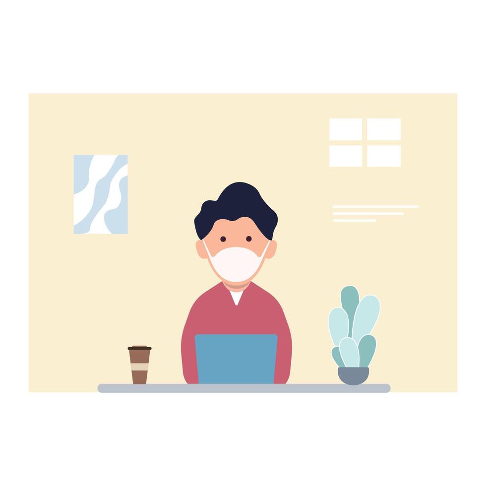 Man at desktop working with laptop Corporate worker Freelancer or office worker. Vector illustration in simple concept flat style