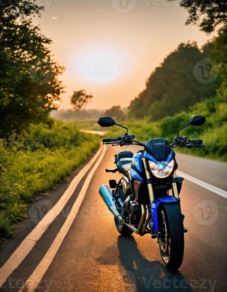AI generated Motorcyclist riding a motorcycle on a country road at sunset. ai generative photo