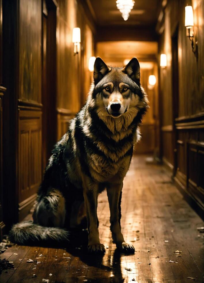 ai generado retrato de un lobo en un oscuro corredor a noche. ai generativo foto