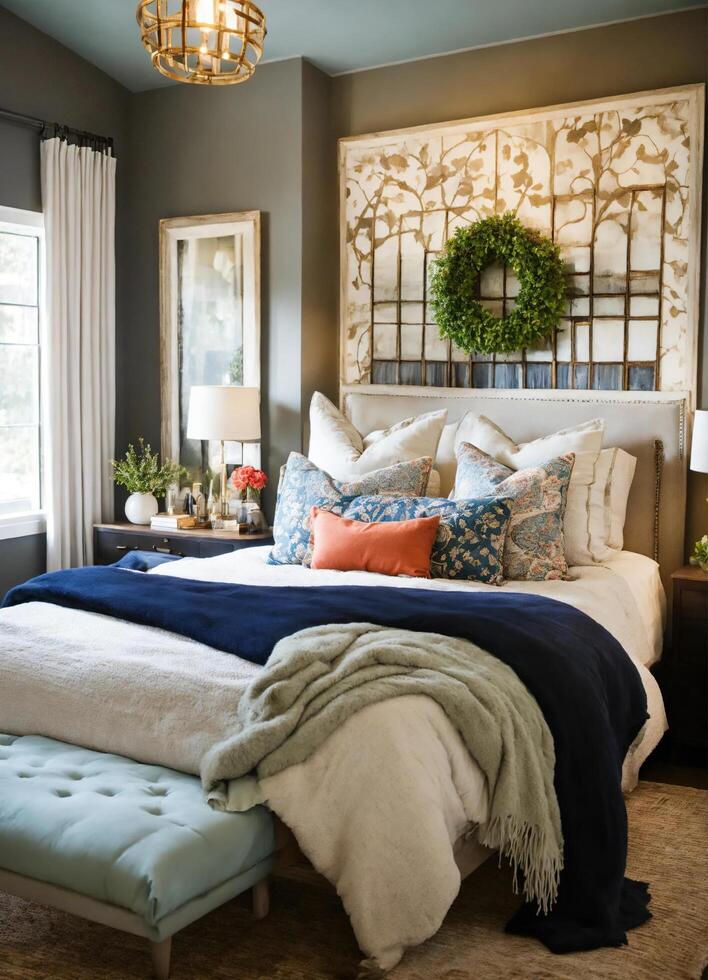 AI generated interior of classic bedroom, comfortable king size bed. ai generative photo