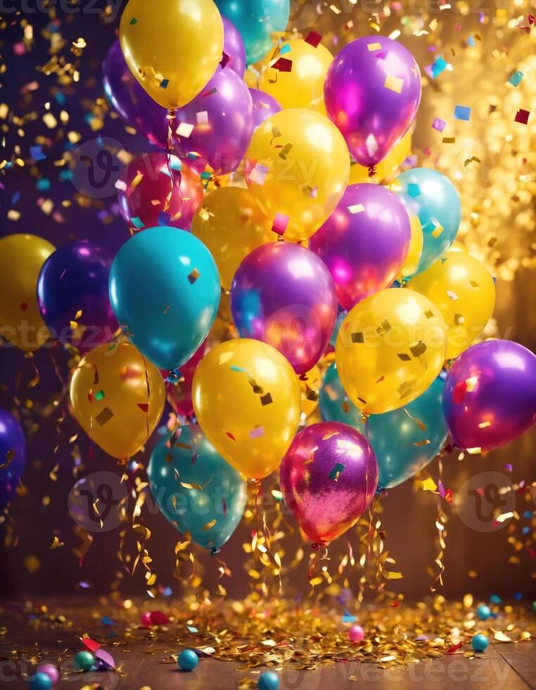 AI generated Celebration background with colorful balloons, confetti and golden ribbons. ai generative photo
