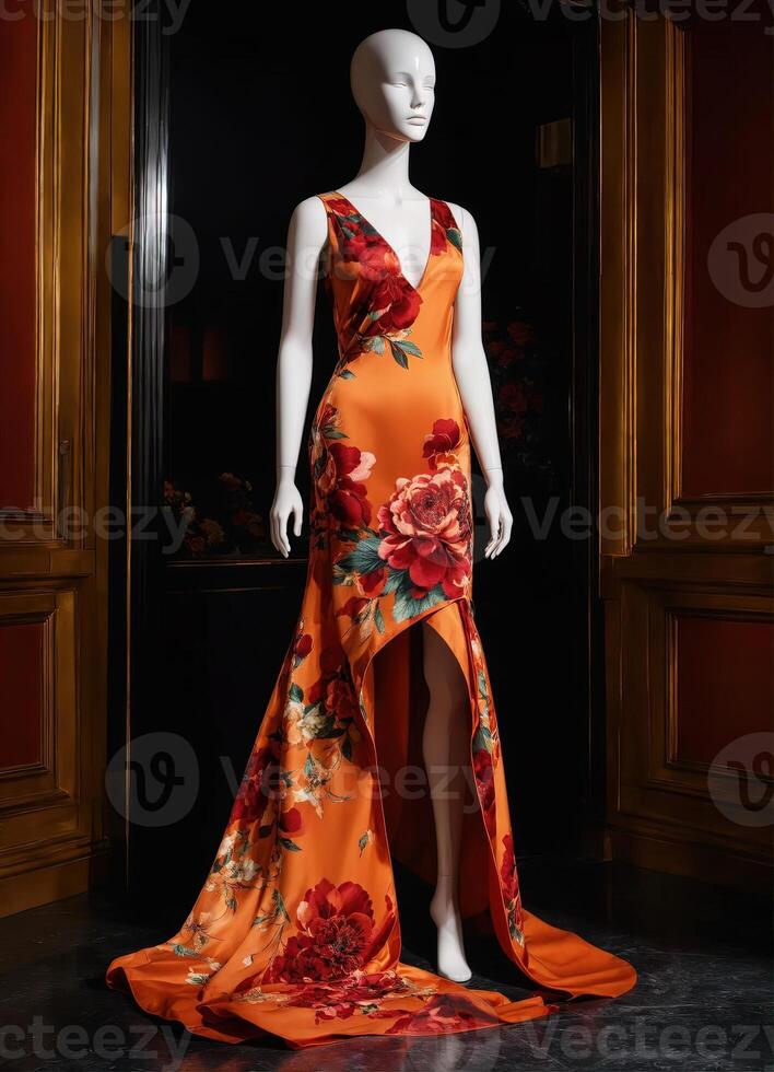 AI generated Fashionable evening orange summer dress on a mannequin. ai generative. ai generative photo