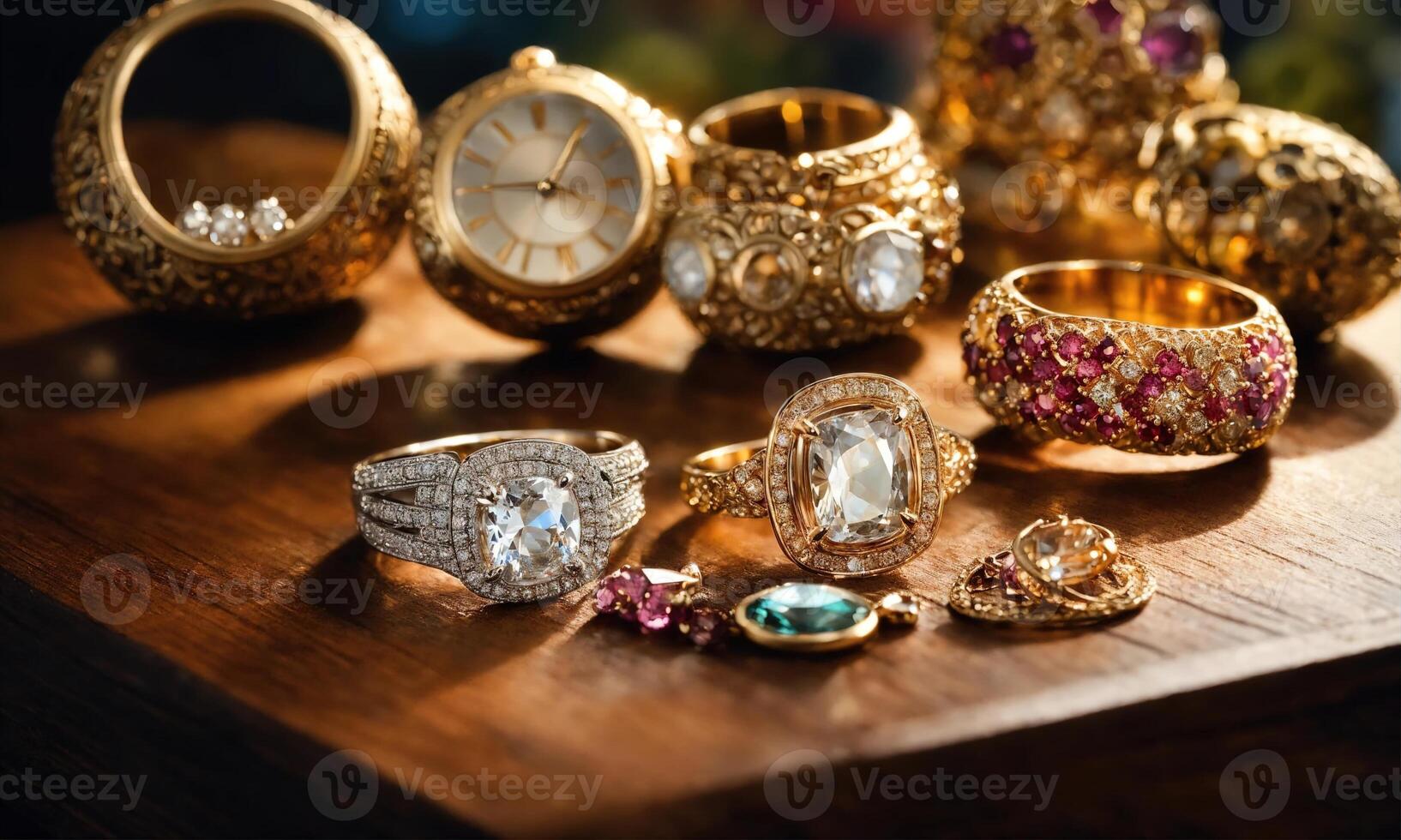 AI generated jewelry diamond ring on wooden table with bokeh background. ai generative photo