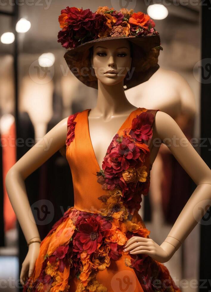 AI generated Fashionable evening orange summer dress on a mannequin. ai generative. ai generative photo