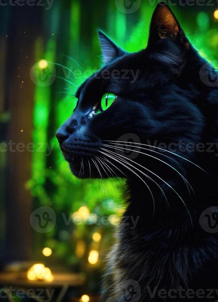 AI generated Portrait of a black cat with yellow eyes on a dark background. ai generative photo