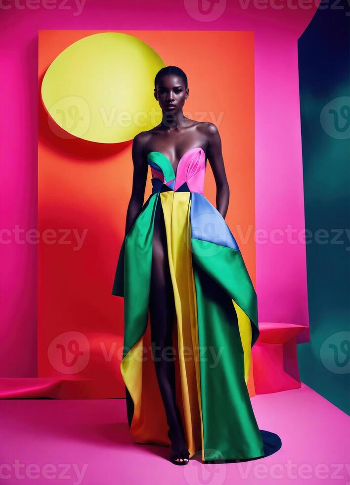 AI generated Fashion shot of a beautiful woman in elegant dress. ai generative photo