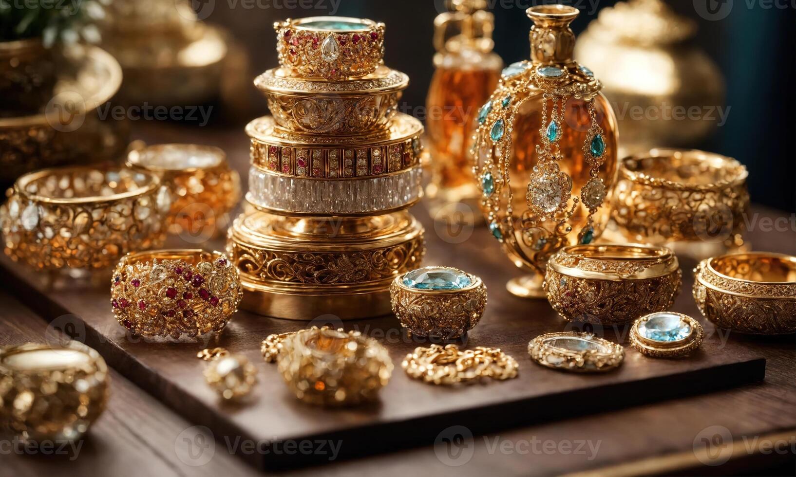 AI generated jewelry diamond ring on wooden table with bokeh background. ai generative photo