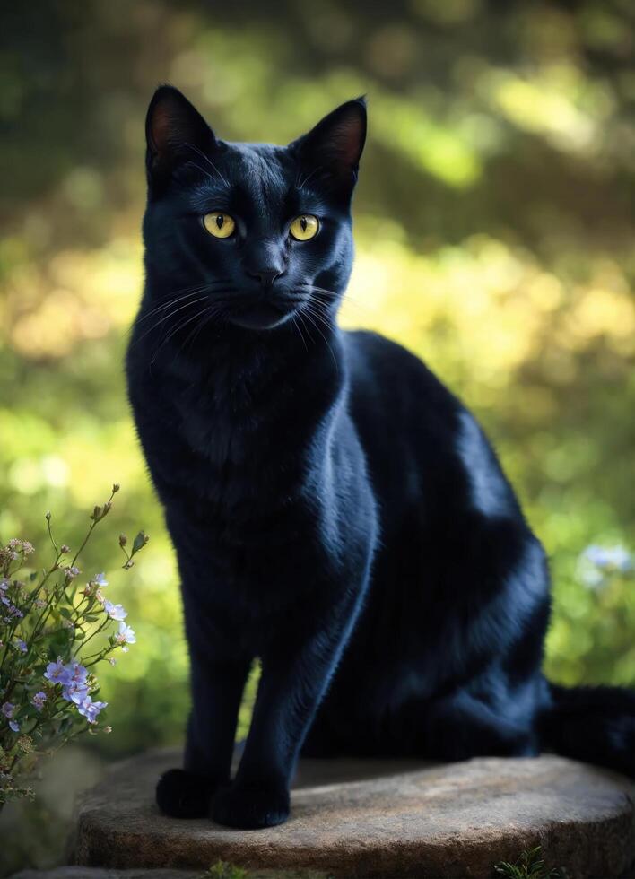 AI generated Portrait of a black cat with yellow eyes on a dark background. ai generative photo